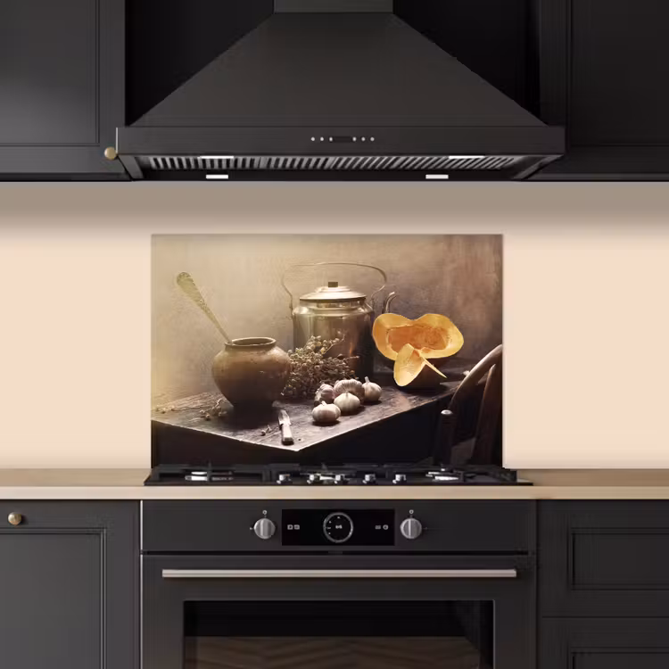 Spatscherm keuken - Stilleven - Pompoen - Knoflook - Pan - Tafel — 2