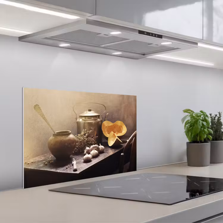 Spatscherm keuken - Stilleven - Pompoen - Knoflook - Pan - Tafel — 5