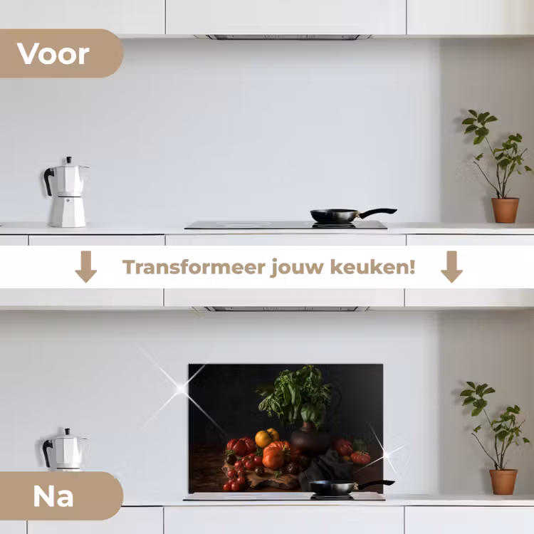 Spatscherm keuken - Stilleven - Tomaten - Basilicum - Schilderij - Groente - Zwart — 3