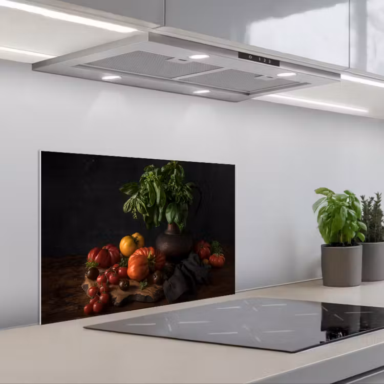 Spatscherm keuken - Stilleven - Tomaten - Basilicum - Schilderij - Groente - Zwart — 5