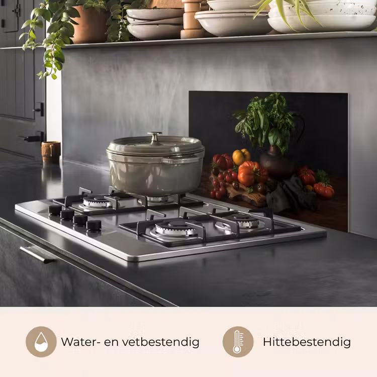 Spatscherm keuken - Stilleven - Tomaten - Basilicum - Schilderij - Groente - Zwart — 7