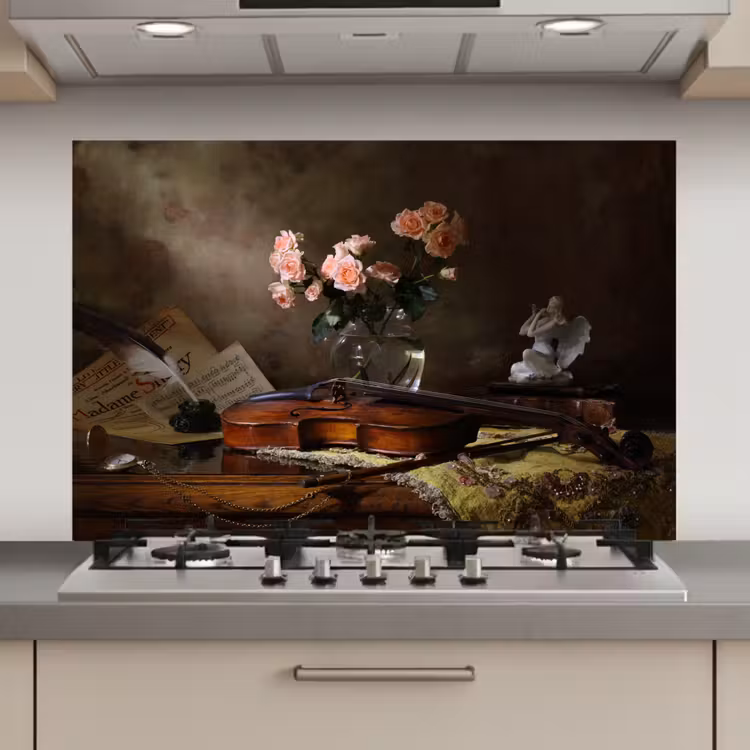 Spatscherm keuken - Viool - Rozen - Roze - Bloemen - Stilleven — 1