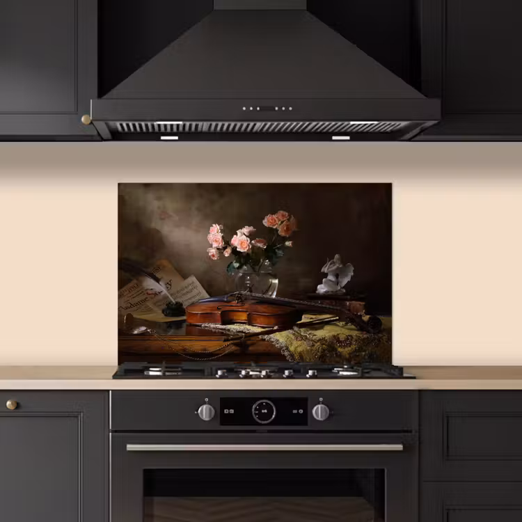 Spatscherm keuken - Viool - Rozen - Roze - Bloemen - Stilleven — 2