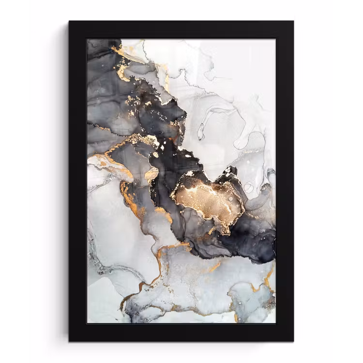 Poster met lijst - Marmer - Zwart - Wit - Goud - Luxe - Abstract — 1