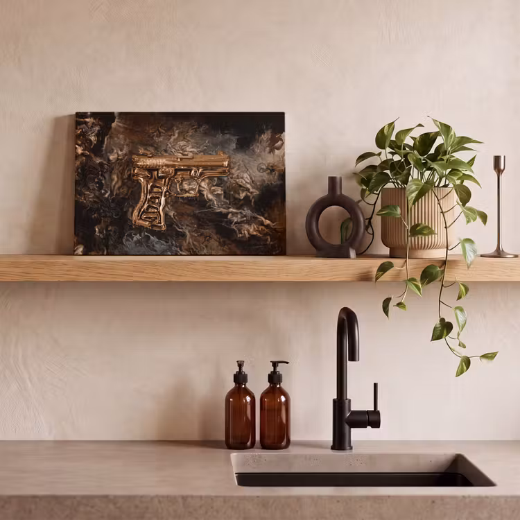 Canvas schilderij - Pistool - Goud - Rook — 4