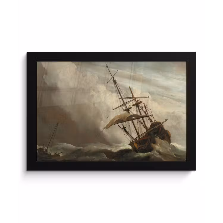 Poster met lijst - Een schip in volle zee bij vliegende storm - Schilderij van Willem van de Velde — 1