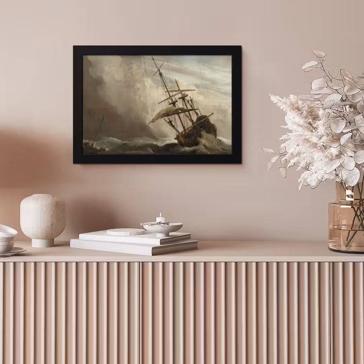 Poster met lijst - Een schip in volle zee bij vliegende storm - Schilderij van Willem van de Velde — 5