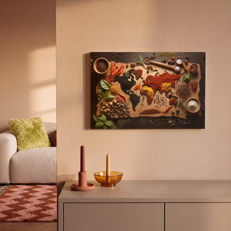 Canvas schilderij - Kruiden - Specerijen - Wereldkaart - Bruin - Lepel - Kleurrijk — 2
