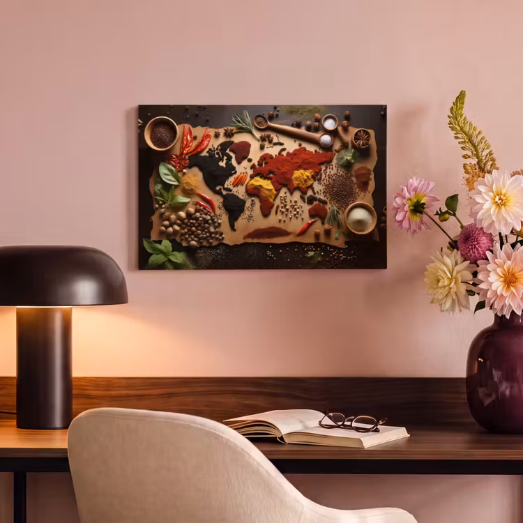 Canvas schilderij - Kruiden - Specerijen - Wereldkaart - Bruin - Lepel - Kleurrijk — 6