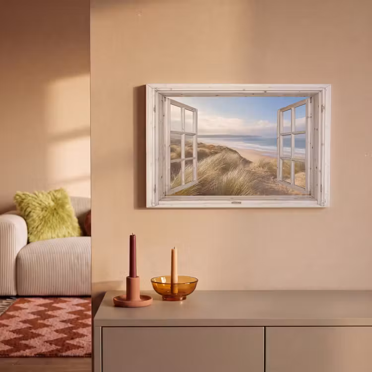 Canvas schilderij - Doorkijk - Strand - Zee - Duinen - Helmgras - Zand - Blauw — 2