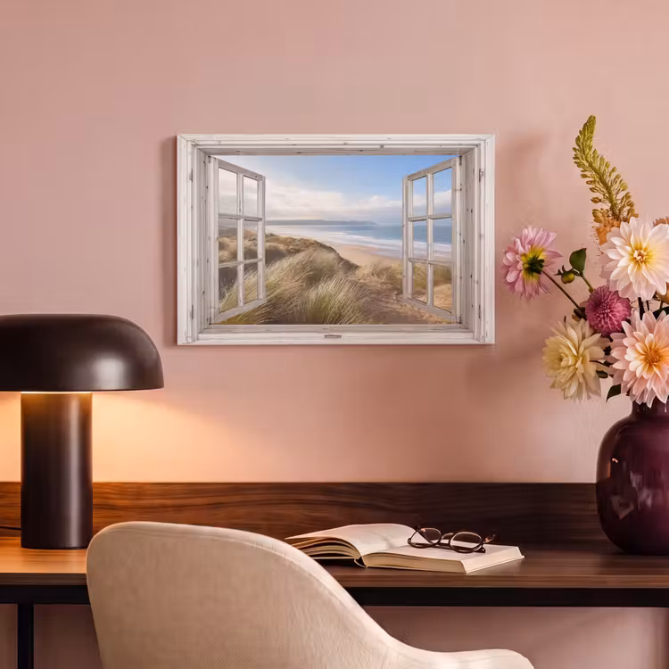 Canvas schilderij - Doorkijk - Strand - Zee - Duinen - Helmgras - Zand - Blauw — 6