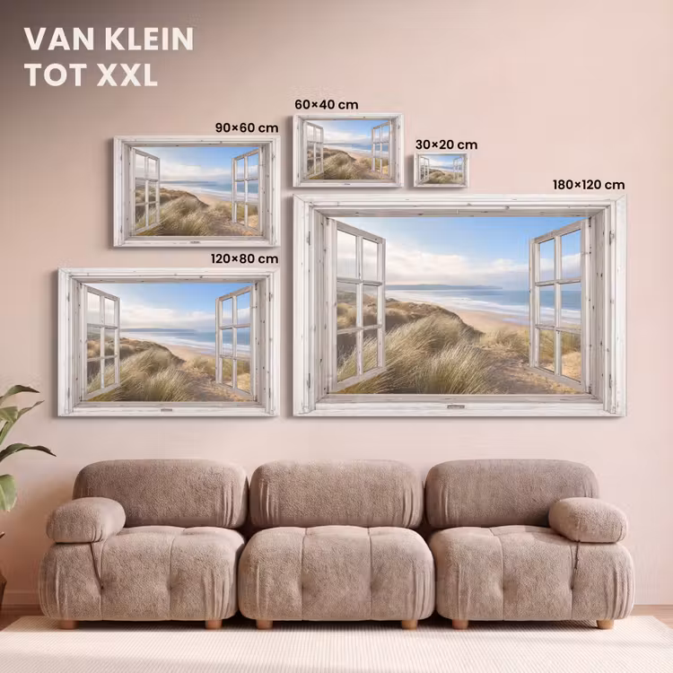 Canvas schilderij - Doorkijk - Strand - Zee - Duinen - Helmgras - Zand - Blauw — 7