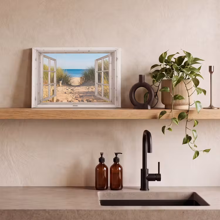 Canvas schilderij - Doorkijk - Strand - Zee - Duinen - Zand - Water - Helmgras — 4