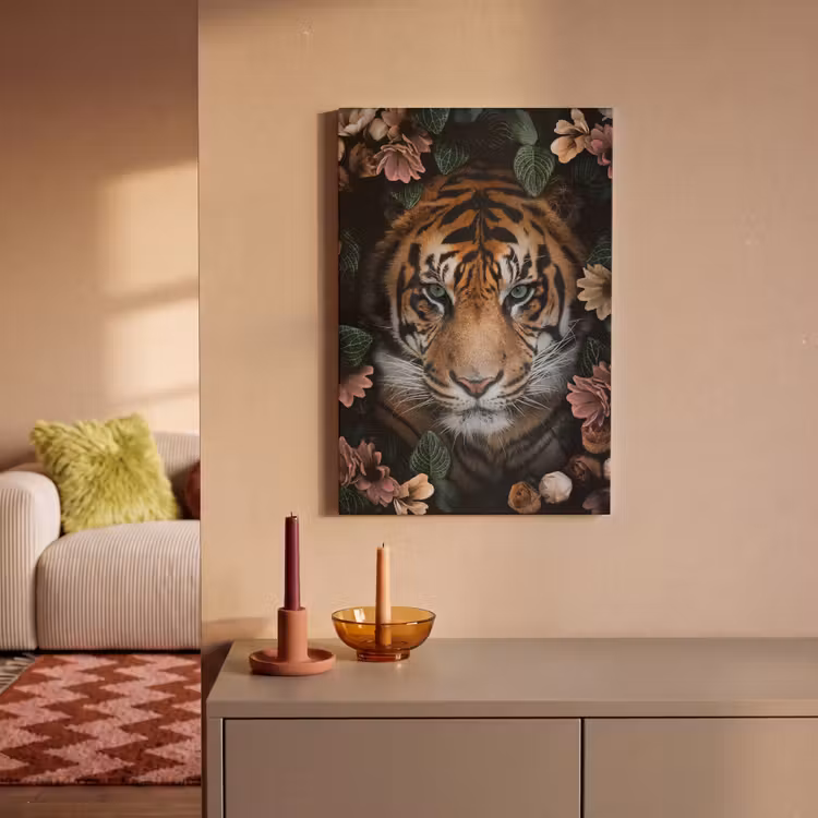 Canvas schilderij - Tijger - Bloemen - Bladeren — 2