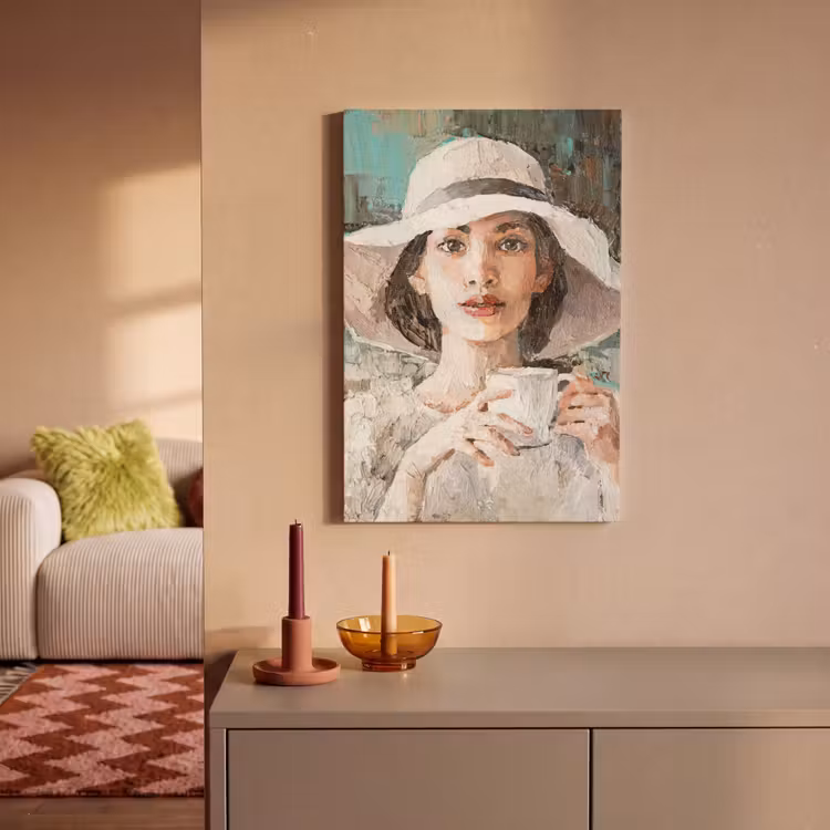 Canvas schilderij - Schilderij - Olieverf - Vrouw - Koffie - Hoed — 2