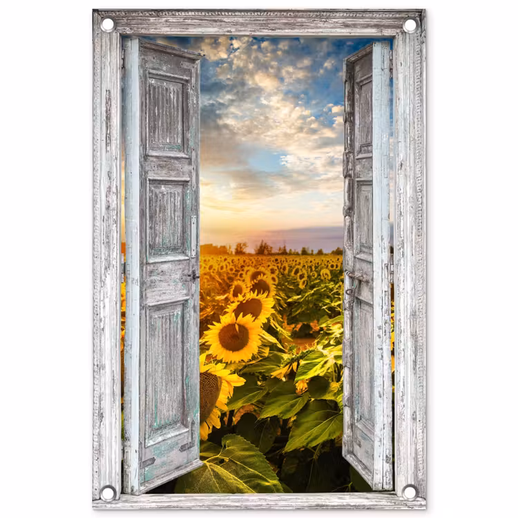 Tuinposter - Zonnebloemenveld Doorkijk Oud Raam