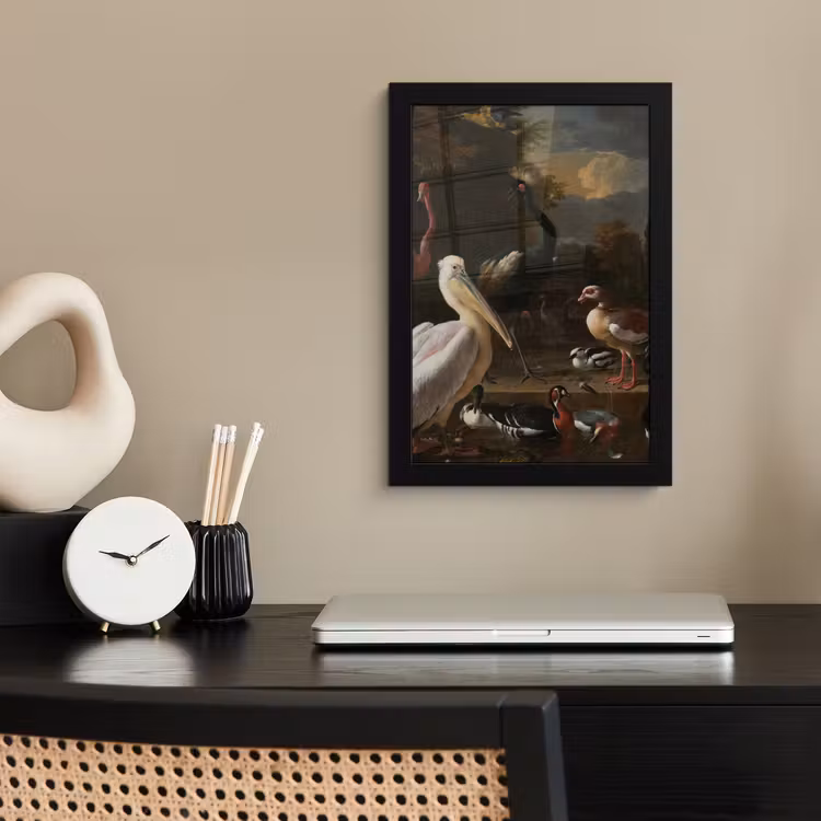 Poster met lijst - Een pelikaan en ander gevogelte bij een waterbassin - Schilderij van Melchior d'Hondecoeter — 2