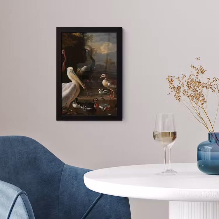 Poster met lijst - Een pelikaan en ander gevogelte bij een waterbassin - Schilderij van Melchior d'Hondecoeter — 4