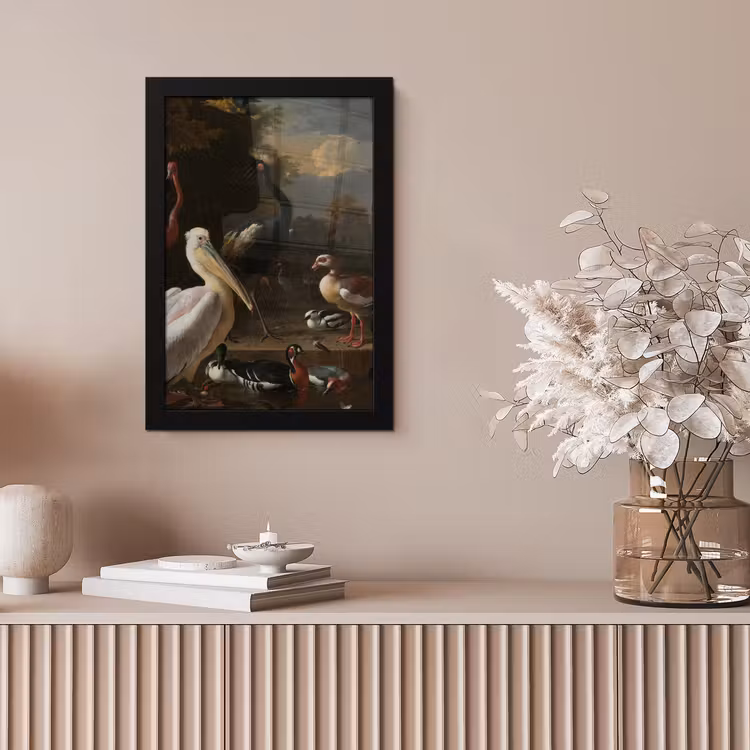 Poster met lijst - Een pelikaan en ander gevogelte bij een waterbassin - Schilderij van Melchior d'Hondecoeter — 5