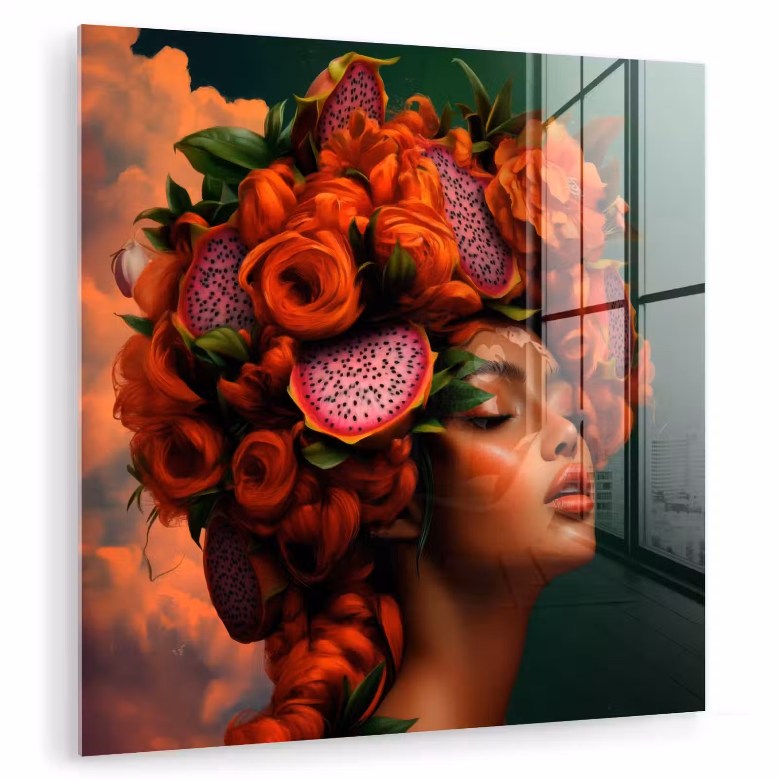 Glas schilderij - Vrouw - Drankenfruit - Rozen — 1