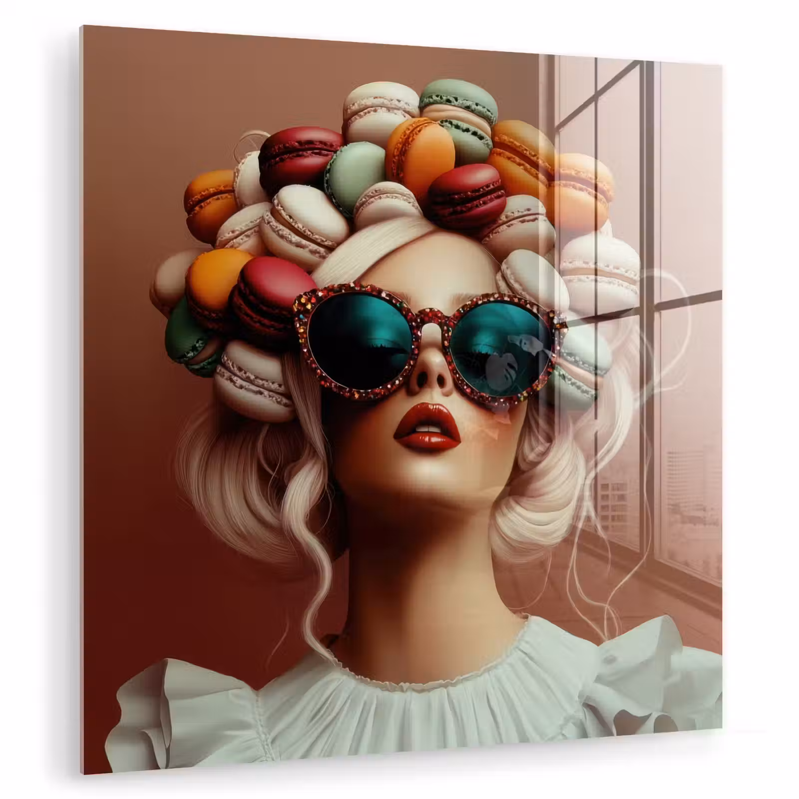 Glas schilderij - Vrouw - Macarons - Bril — 1