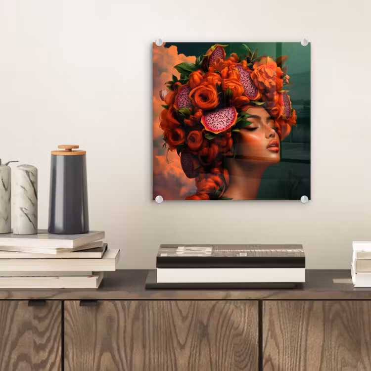 Glas schilderij - Vrouw - Drankenfruit - Rozen — 2