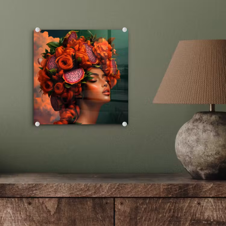 Glas schilderij - Vrouw - Drankenfruit - Rozen — 4