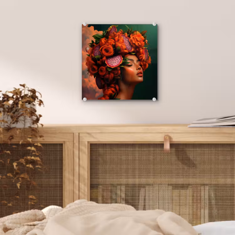 Glas schilderij - Vrouw - Drankenfruit - Rozen — 5