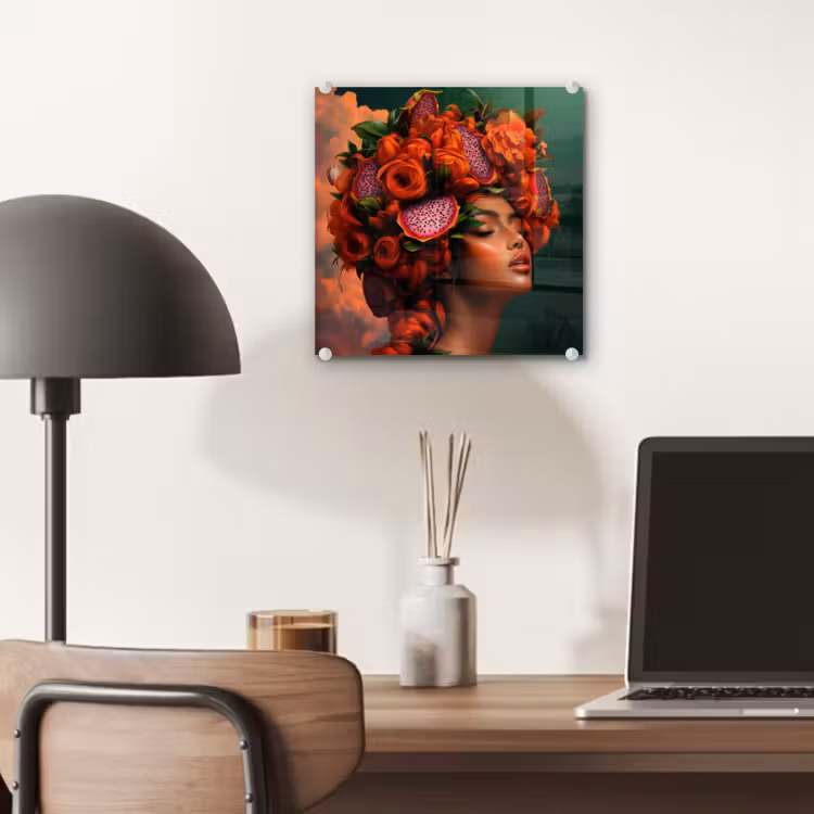 Glas schilderij - Vrouw - Drankenfruit - Rozen — 7