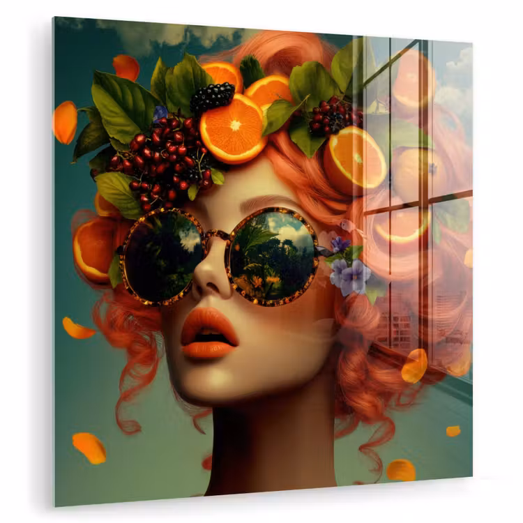 Glas schilderij - Vrouw - Sinaasappel - Bessen - Oranje — 1