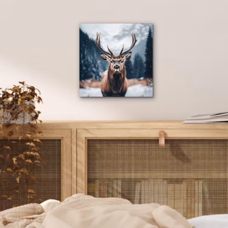 Aluminium schilderij - Hert - Winter - Hertenkop - Sneeuw - Gewei — 4