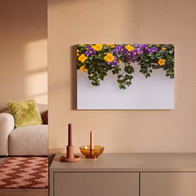 Canvas schilderij - Bloemen - Muur - Geel - Paars — 2
