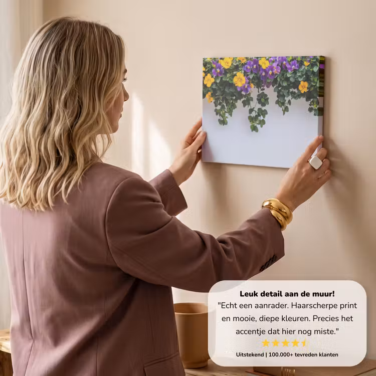 Canvas schilderij - Bloemen - Muur - Geel - Paars — 3