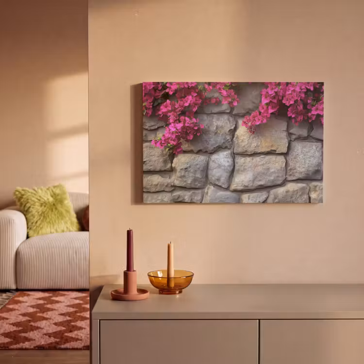 Canvas schilderij - Bougainvillea - Stenen Muur - Roze — 2