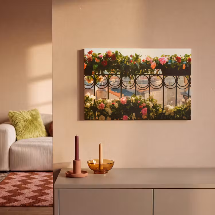 Canvas schilderij - Bloemen - Hek - Stadszicht - Zomer — 2