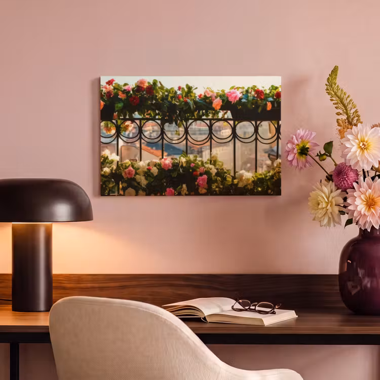 Canvas schilderij - Bloemen - Hek - Stadszicht - Zomer — 6