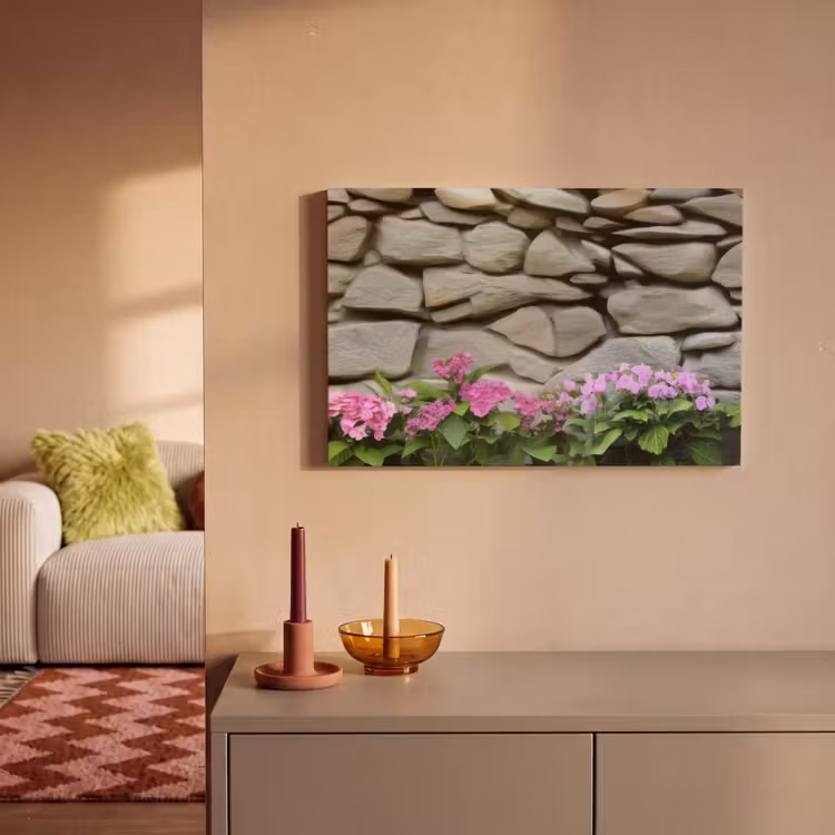 Canvas schilderij - Hortensia’s - Stenen - Muur - Bloemen — 2