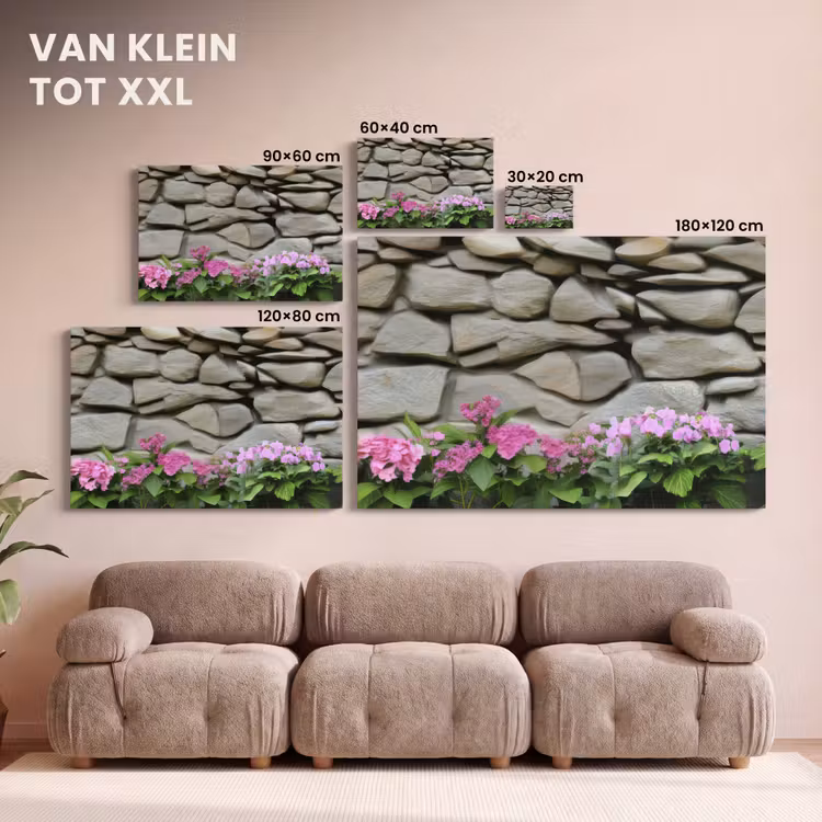 Canvas schilderij - Hortensia’s - Stenen - Muur - Bloemen — 8