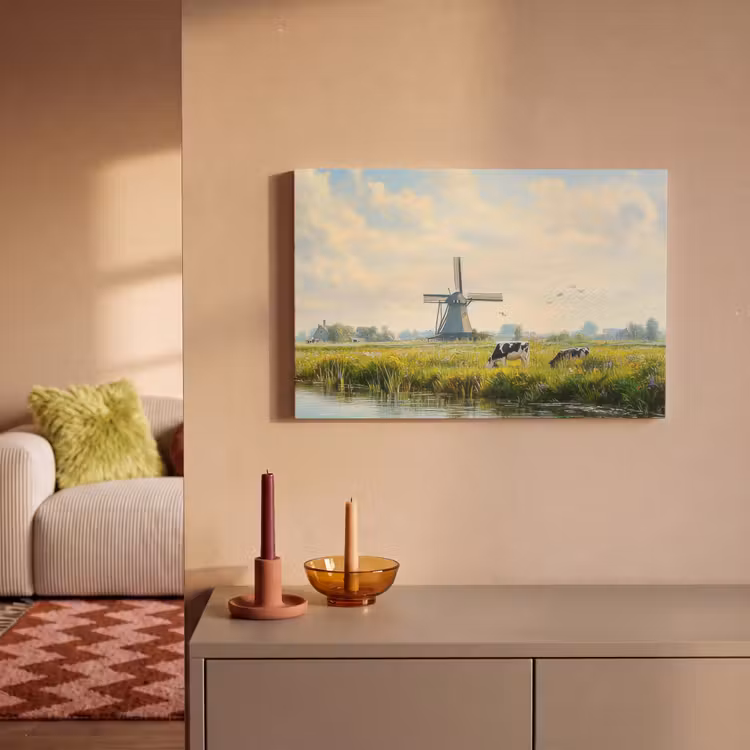 Canvas schilderij - Koeien - Windmolen - Weide - Blauw — 2