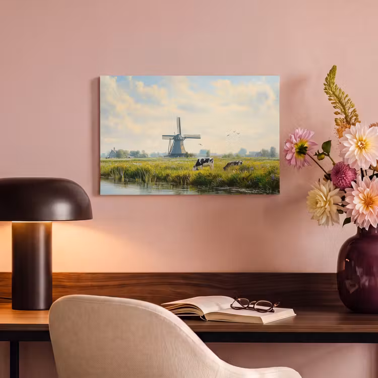 Canvas schilderij - Koeien - Windmolen - Weide - Blauw — 6