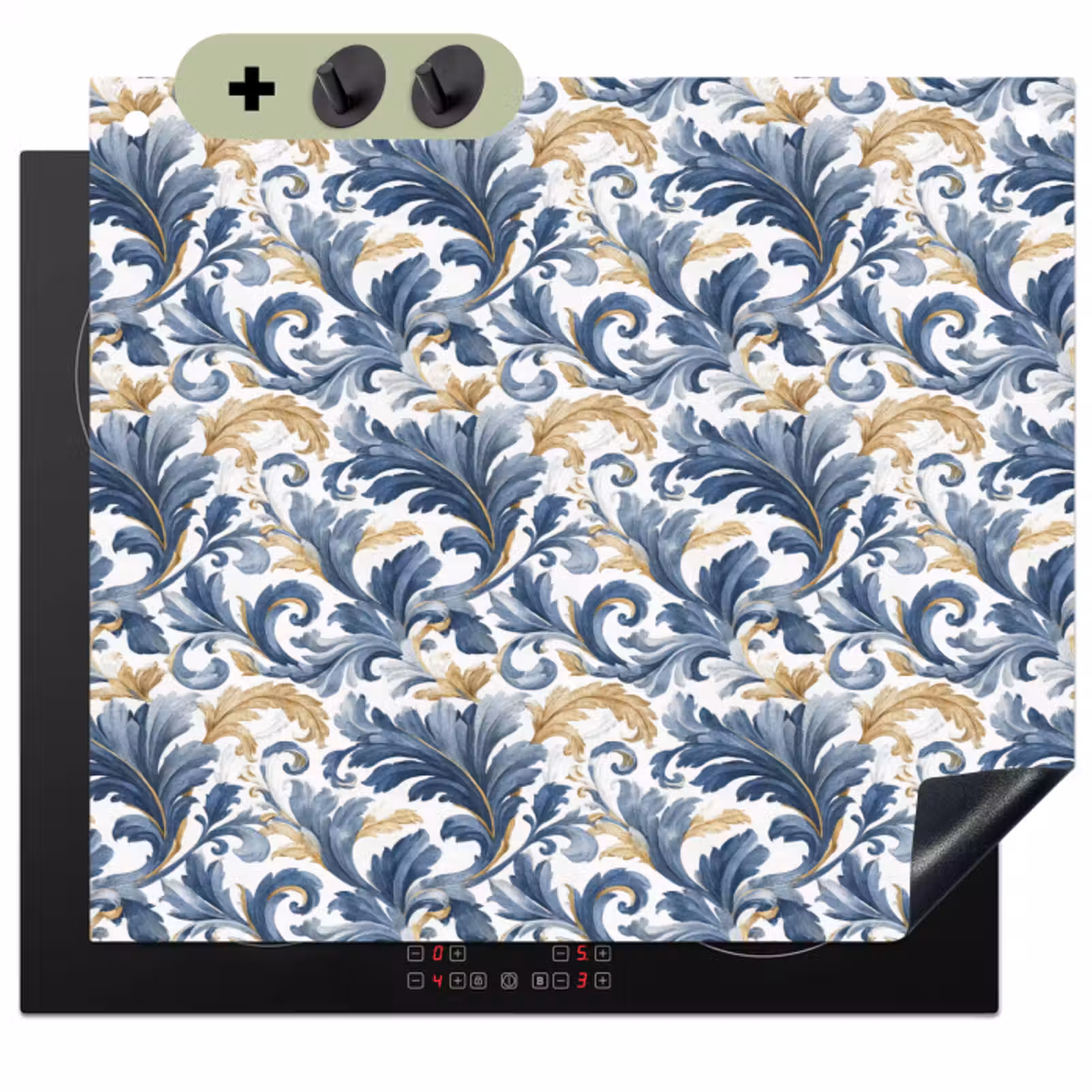 Inductie beschermer en spatscherm (2in1) - Bloem - Blauw - Goud - Patroon — 1