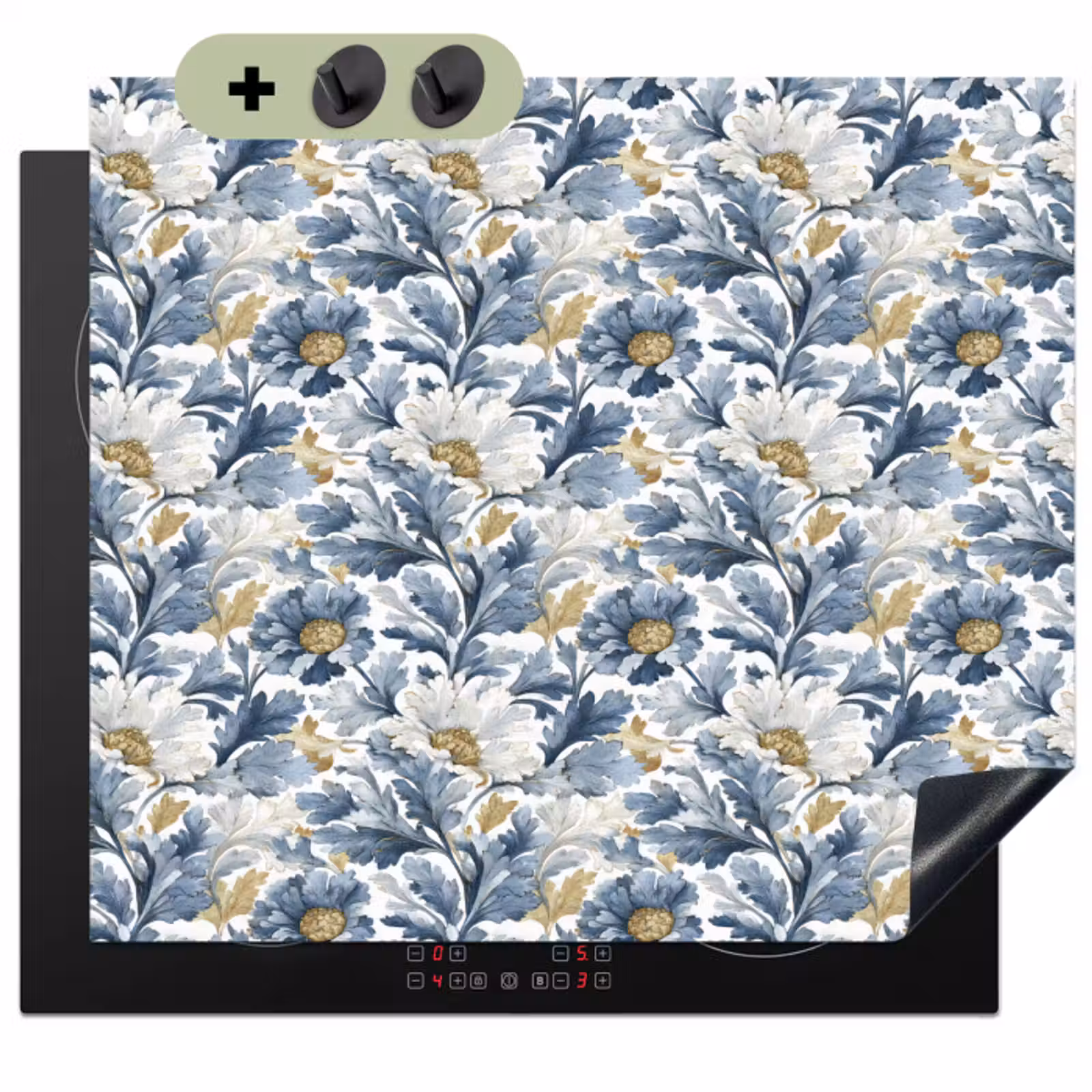 Inductie beschermer en spatscherm (2in1) - Bloemen - Wit - Blauw — 1