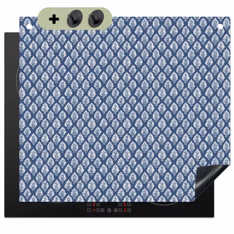 Inductie beschermer en spatscherm (2in1) - Bladeren - Wit - Blauw - Patroon — 1