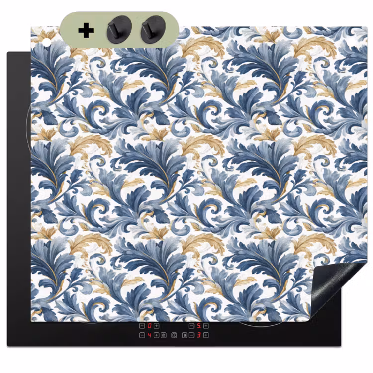 Inductie beschermer en spatscherm (2in1) - Bloem - Blauw - Goud - Patroon — 1