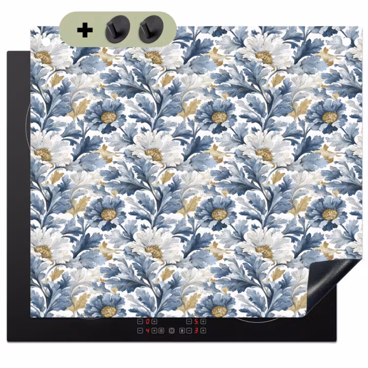 Inductie beschermer en spatscherm (2in1) - Bloemen - Wit - Blauw — 1