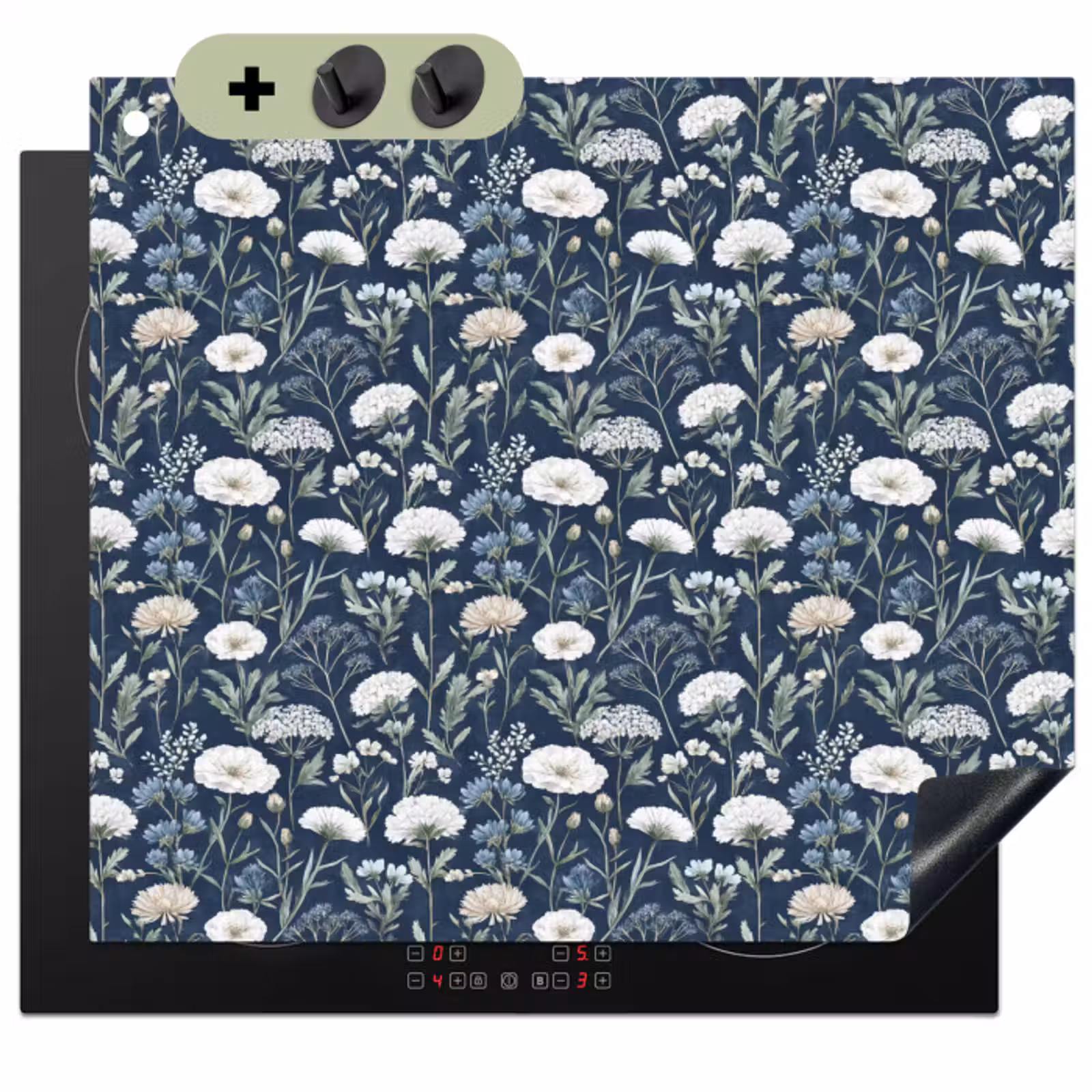 Inductie beschermer en spatscherm (2in1) - Patroon - Bloemen - Wit - Blauw — 1
