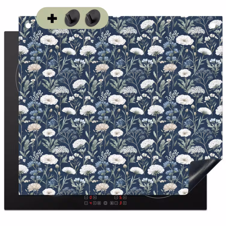 Inductie beschermer en spatscherm (2in1) - Patroon - Bloemen - Wit - Blauw — 1