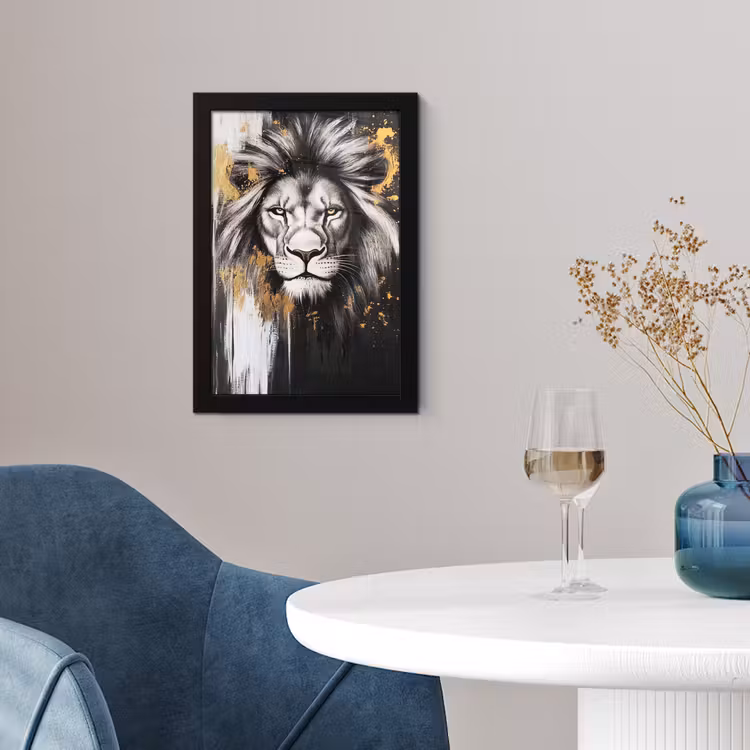 Poster met lijst - Leeuw - Portret - Verfspatten - Grijs — 4