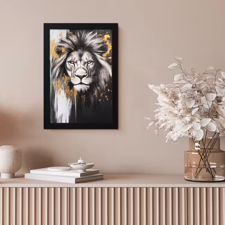 Poster met lijst - Leeuw - Portret - Verfspatten - Grijs — 5