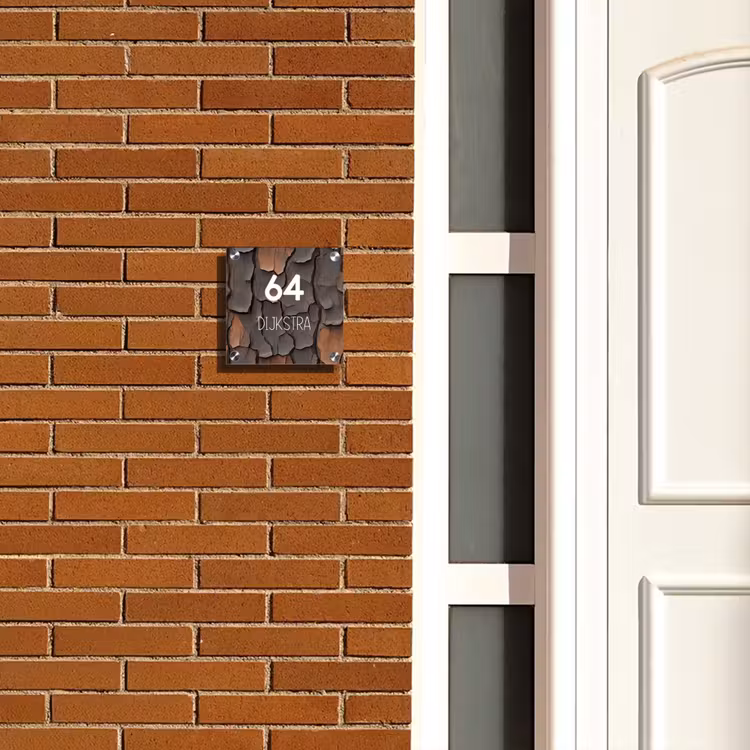 Naambordje voordeur - Vierkant - Boomschors - Nummer en achternaam — 5